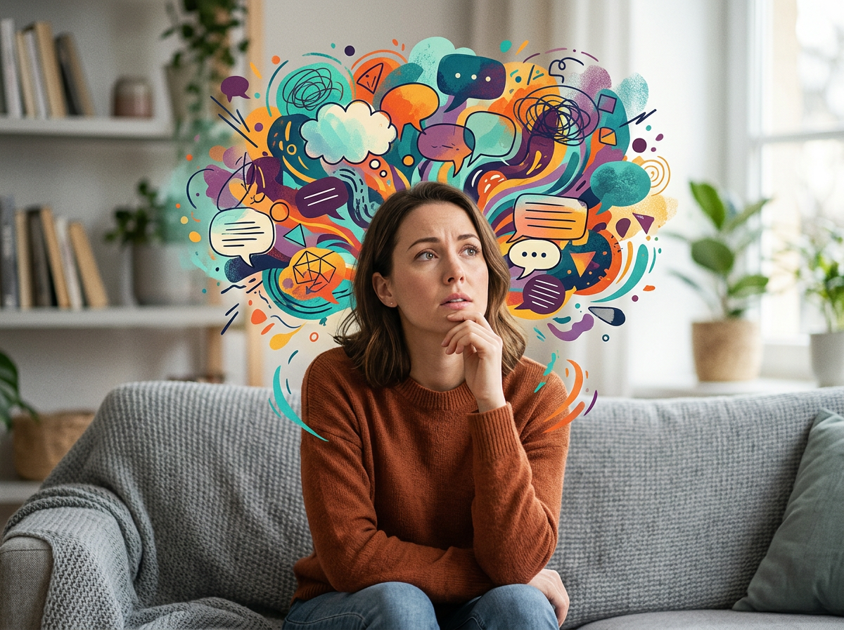 A person on a couch with colorful thought bubbles swirling overhead